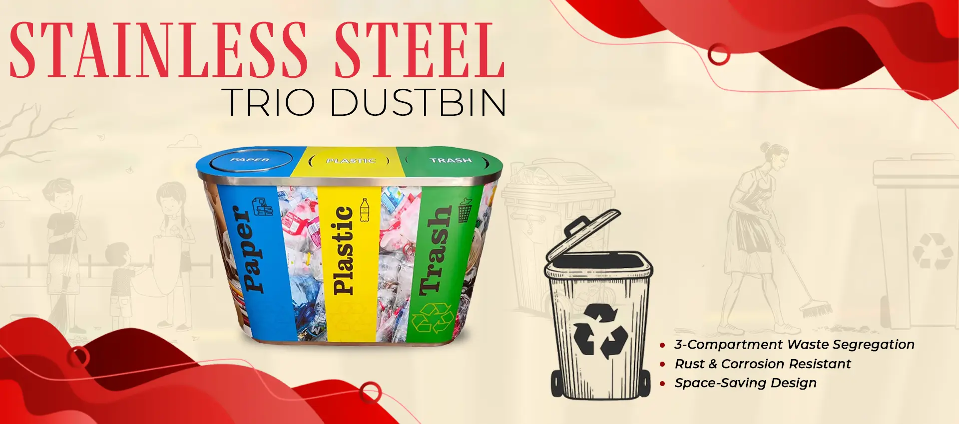 Stainless Steel Trio Dustbin